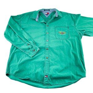 Vintage Tommy Jeans HIlfiger XL Green Denim Button-Up Shirt Mens Long Sleeves